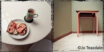 A combination of two photos next to each other by Jo Teasdale, one showing a white table from above with a cup of tea and a plate with slices of bread with jam. The other is showing the legs of a table in a corner from a low angle.